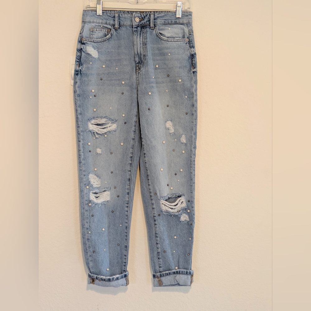 Bershka Light Blue Distressed Boyfriend Jeans: the booty jean w/ Pretty Pearls - Picture 13 of 15